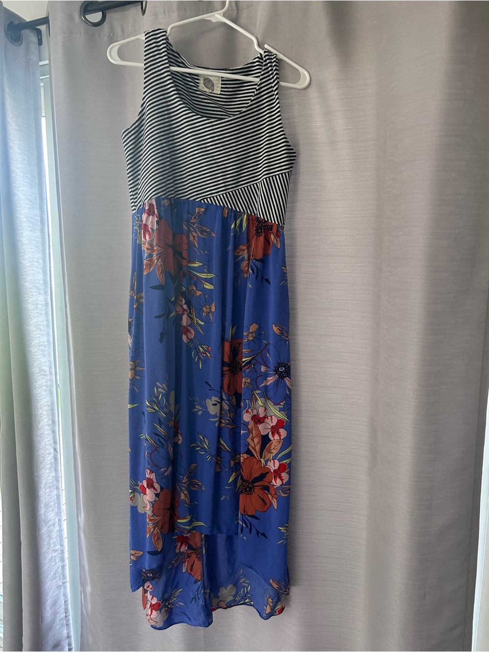 Anthropologie Lilka Blue Floral High-Low Maxi Dress with Striped Bodice